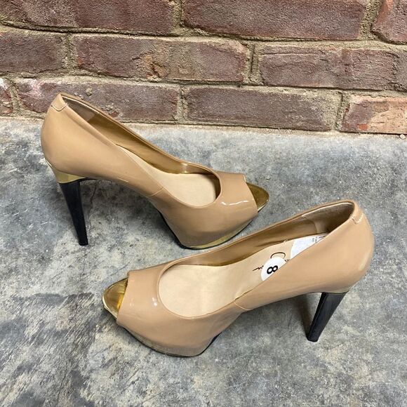 Jessica Simpson Taupe Peep Toe Platform Stiletto Heels Size 8 - Picture 5 of 8